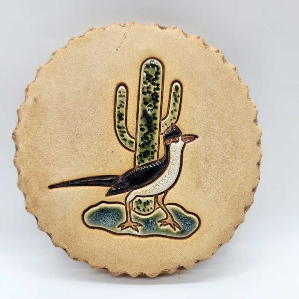 Southwestern Roadrunner Saguaro Clay Tile Signed Nan Groves Scalloped Edge 5.25"